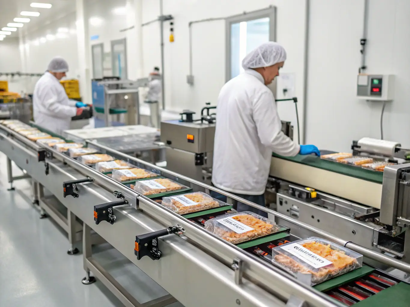 An automated packaging line with conveyor belts and sealing machines, packaging food products efficiently, demonstrating its speed and hygienic operation.