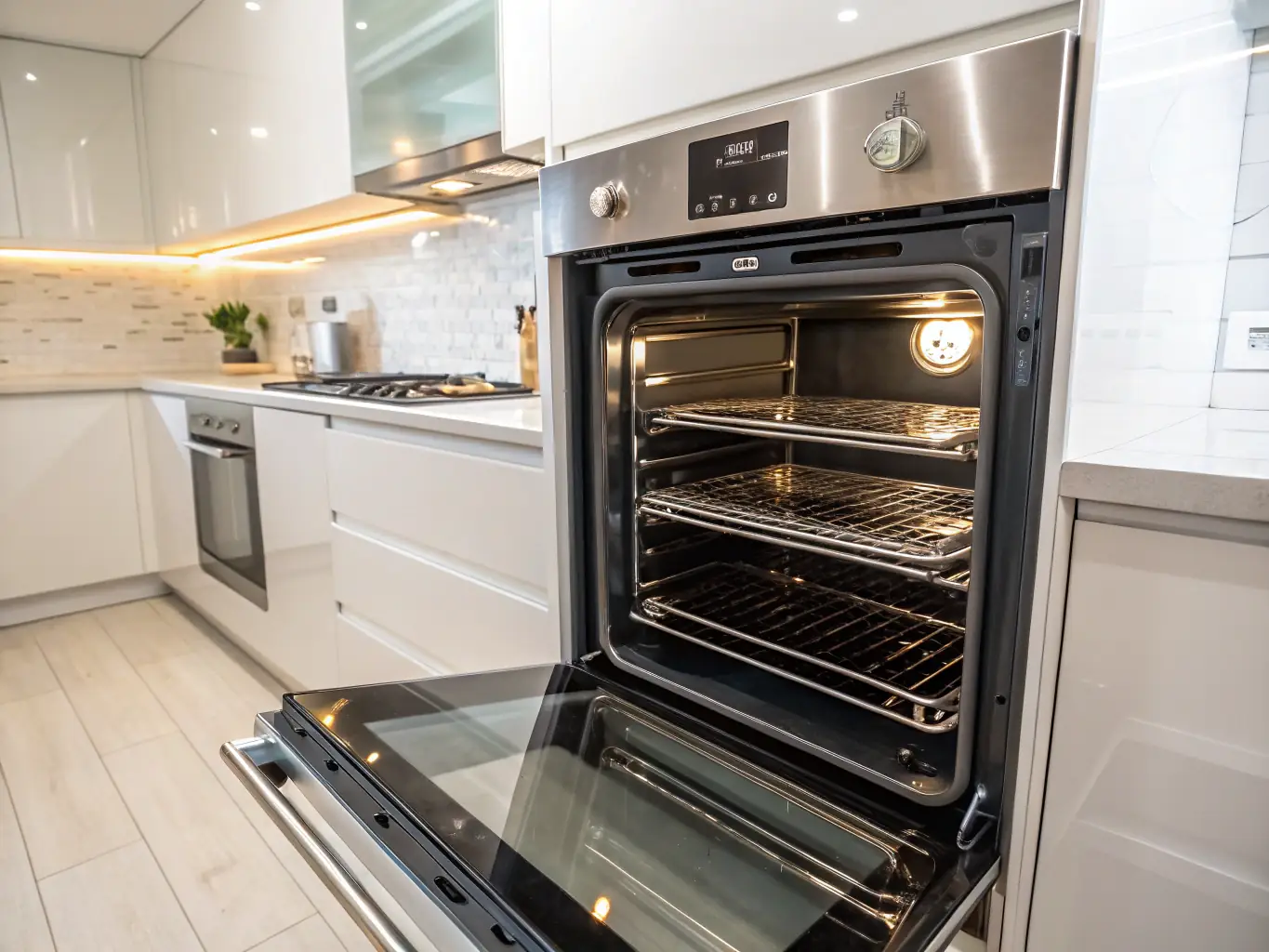 A spacious industrial oven with multiple racks, digital controls, and safety features, operating in a busy food factory, highlighting its precise temperature control and energy efficiency.