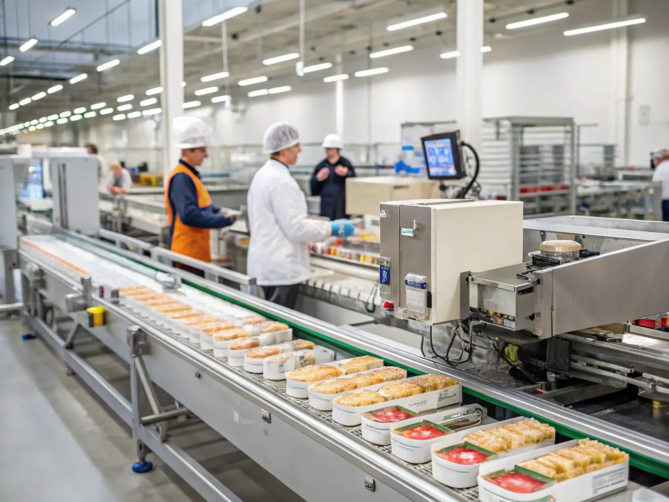 An automated packaging line with conveyor belts and sealing machines, packaging food products efficiently.