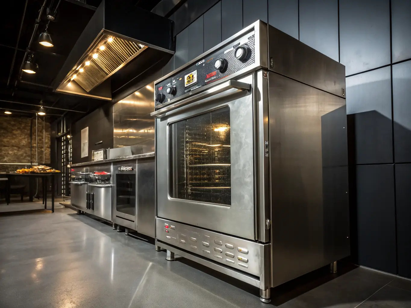 A spacious industrial oven with multiple racks, digital controls, and safety features, operating in a busy food factory.