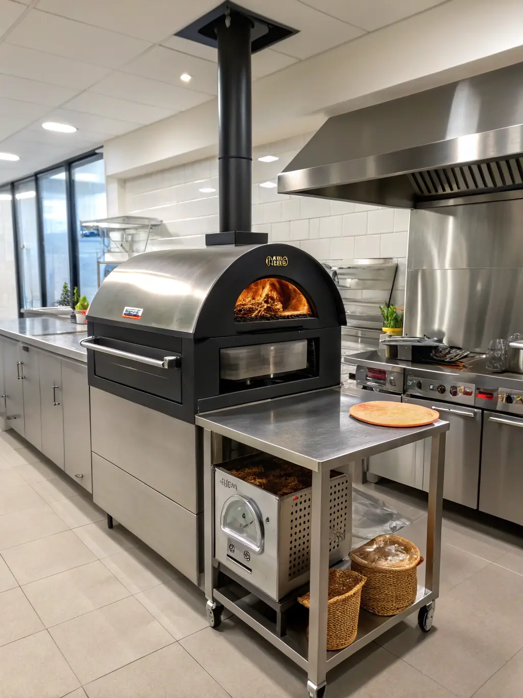 A professional photograph of a commercial oven baking multiple trays of bread in a bakery. The oven should look modern and efficient, highlighting its temperature control and baking capabilities.