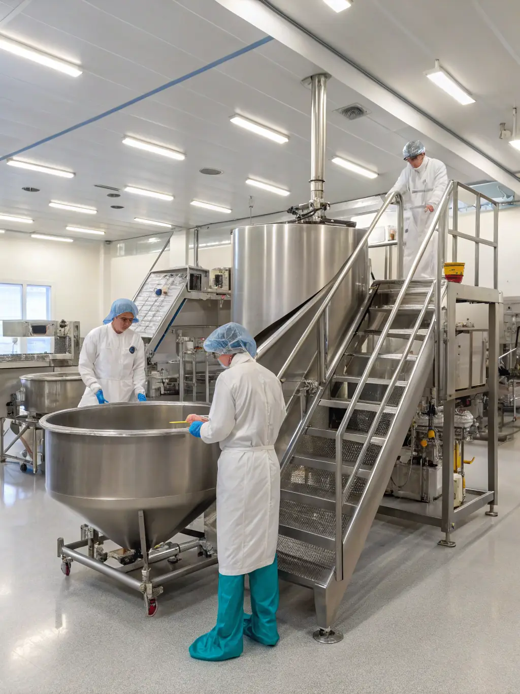 A high-angle shot of a large industrial food mixer in operation, blending ingredients in a commercial kitchen setting. The mixer is stainless steel and shows ingredients being thoroughly mixed.