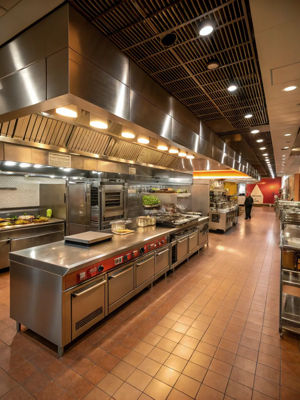 A wide shot of a commercial oven baking bread in a large industrial bakery. The oven is stainless steel and shows multiple racks of bread baking evenly.