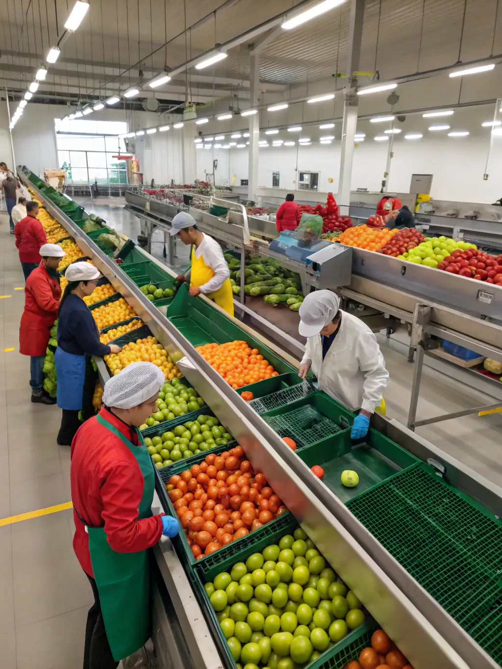 A clear image of a food processing machine handling vegetables, showcasing its cutting and sorting capabilities. The machine should look efficient and hygienic, suitable for large-scale food processing.