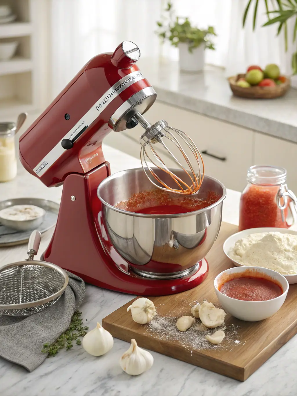 A high-resolution image of an industrial food mixer in action, blending ingredients in a commercial kitchen setting. The mixer should appear robust and efficient, showcasing its capacity and power.