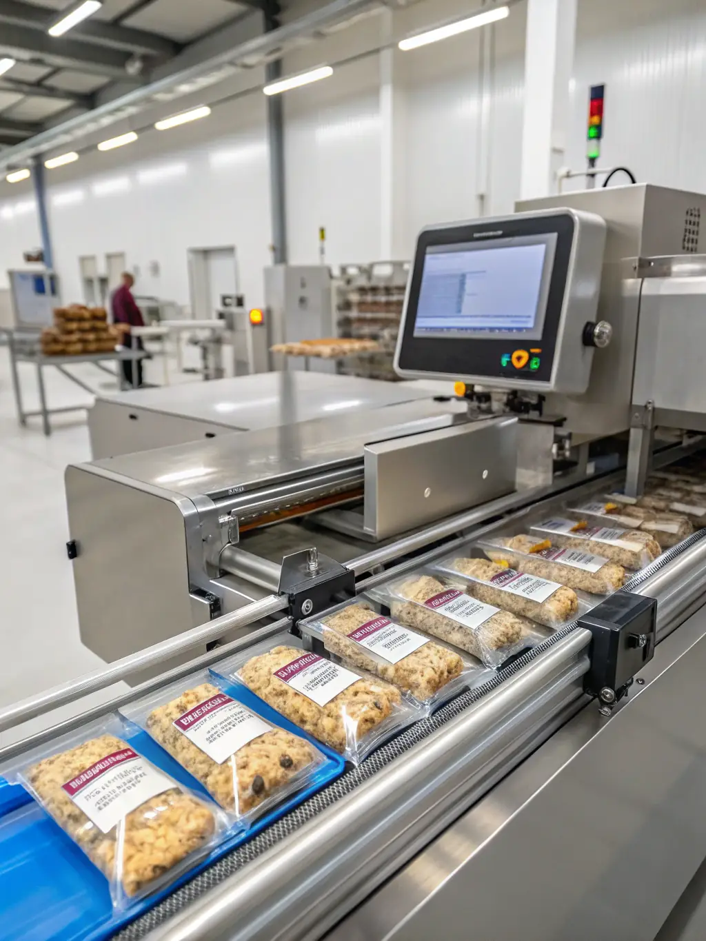 A detailed shot of packaging equipment automatically wrapping and sealing food products in a clean, industrial environment. The machinery should appear fast and precise, emphasizing its automation features.