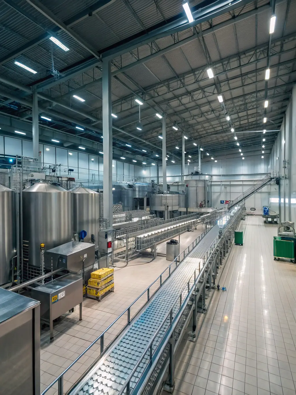 A medium shot of various food processing machines in a modern food production facility, including conveyor belts, sorting machines, and quality control stations.