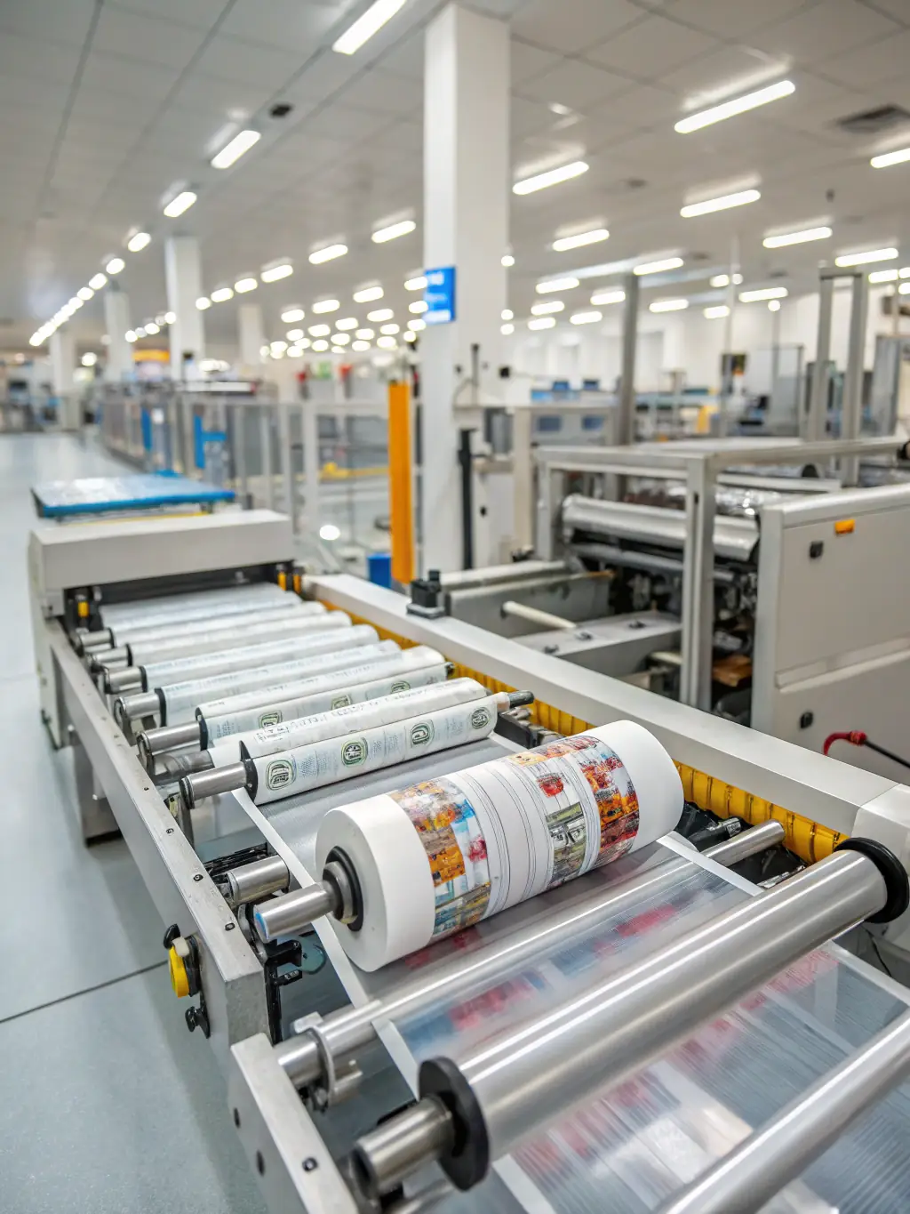 A close-up of automated packaging equipment sealing and labeling food products in a clean, modern factory. The equipment is efficient and precise.
